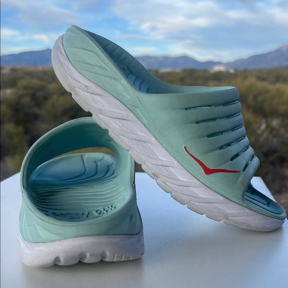 Hoka One One Mint Green & White Slides / with Red Accent - Picture 4 of 16